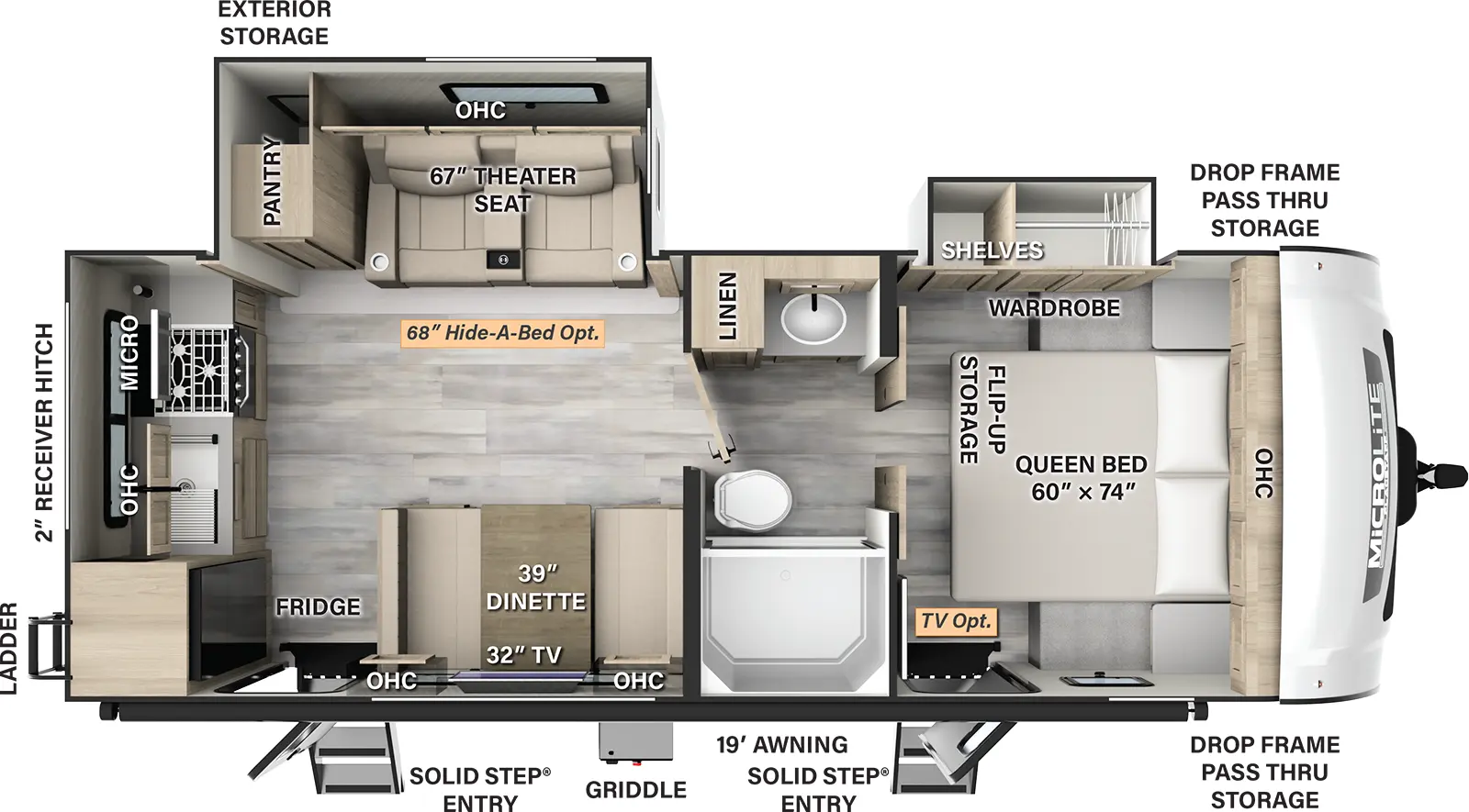 The 25SRK has two slideouts and two entries. Exterior features a 19 foot awning, solid step entries, front drop frame pass-thru storage, griddle, off-door side exterior storage, rear ladder and 2 inch receiver hitch. Interior layout front to back: foot-facing queen bed with overhead cabinet, off-door side wardrobe slideout with shelves, and door side entry (TV optional); split full pass through bathroom with linen closet; off-door side slideout with theater seat with overhead cabinet and pantry (hide-a-bed optional); door side dinette with overhead cabinet, TV, and second entry; rear kitchen counter with cooktop, microwave, overhead cabinet, and refrigerator.